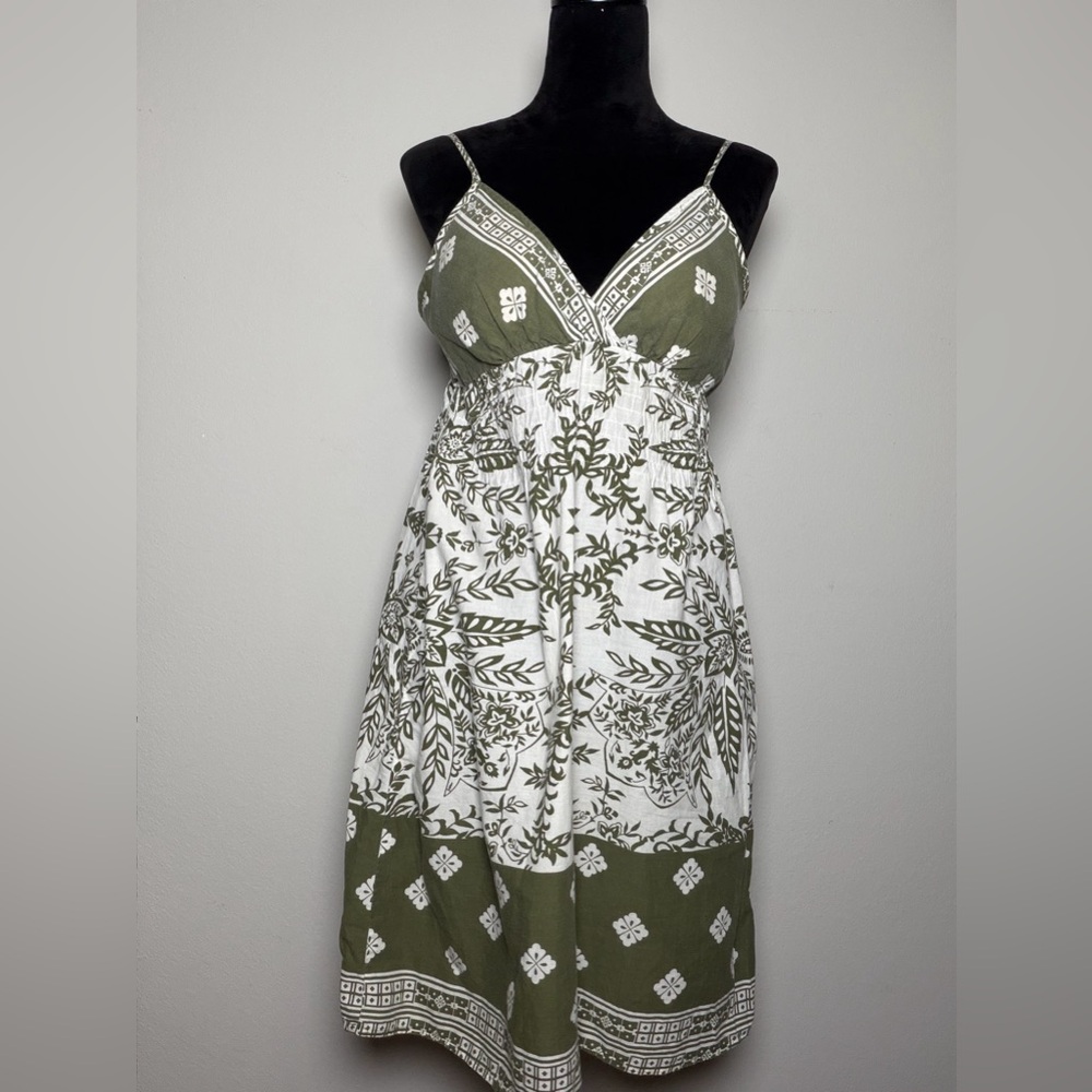Boho 100% Cotton Green & White Floral Block Summer Dress Large